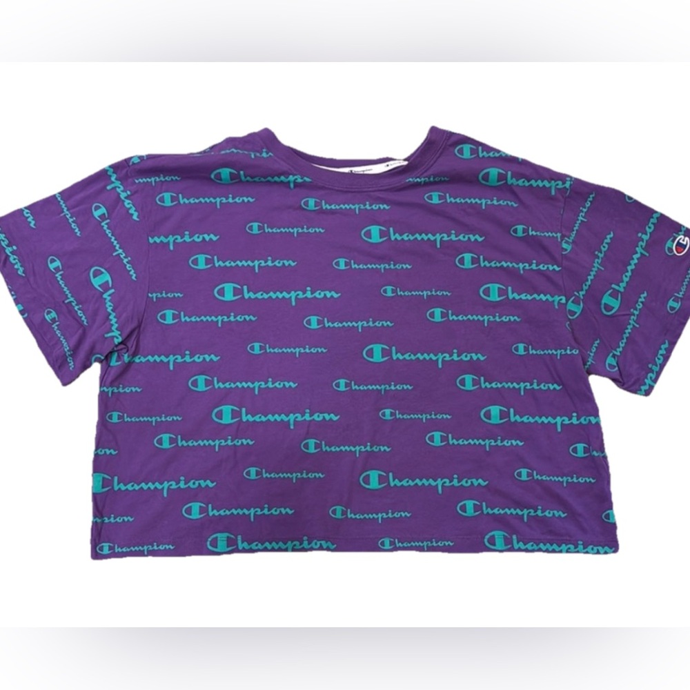 Champion Women’s Purple & Green Logo Cropped Shirt Size XL - Picture 2 of 5